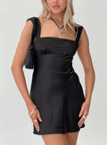 front view of model wearing Princess Polly Radioactive Bias Cut Mini Black Dress Square Neck
