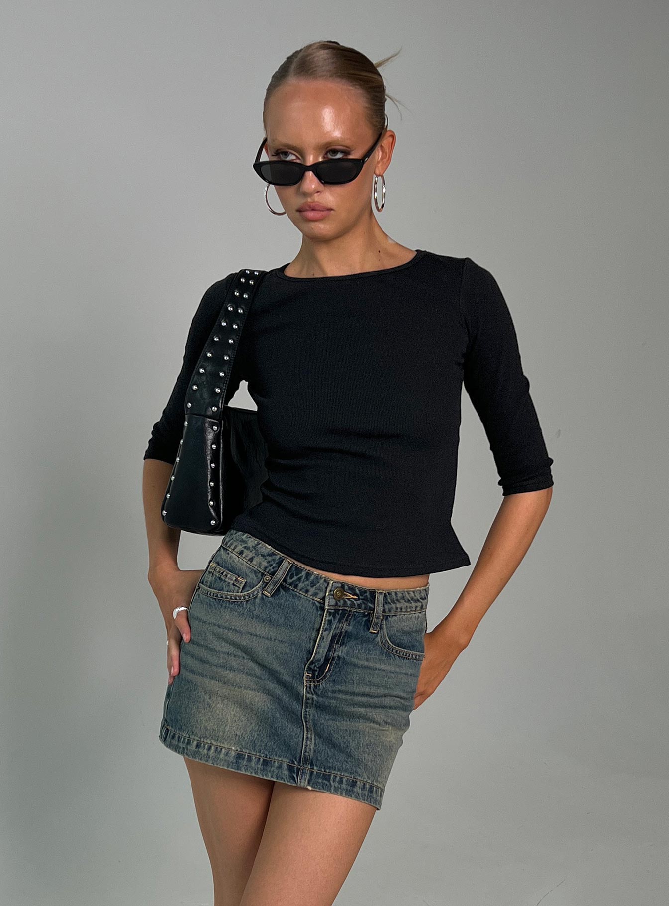 Elaia 3/4 Sleeve Top Black Three Fourth Sleeves Crew Neck 