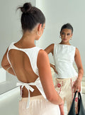 back view of model wearing Princess Polly Lilitina Top White Sleeveless High Neck