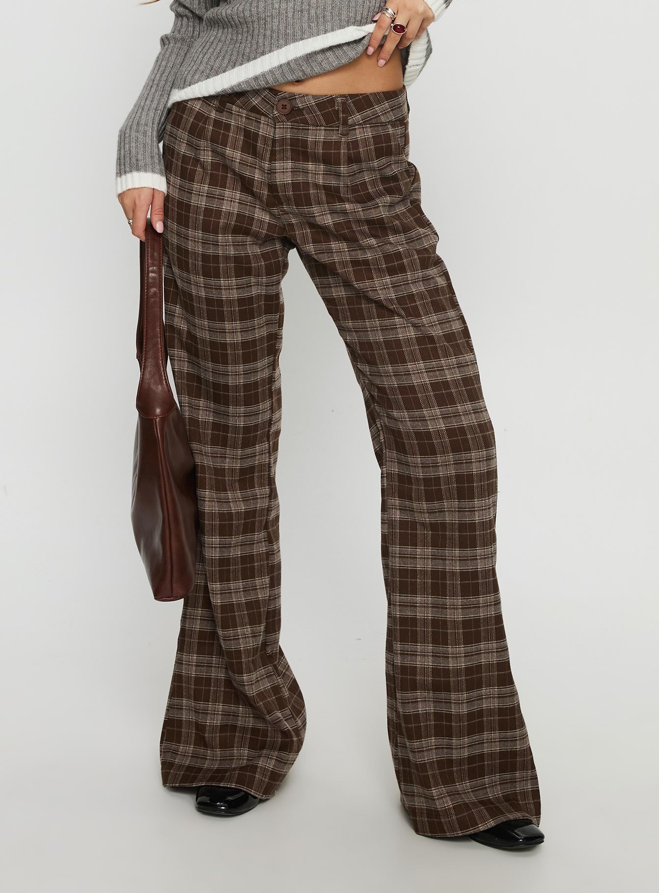 back view of model wearing Princess Polly Emiroki Straight Leg Pants Brown Check Mid Rise Pants 