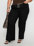 front view of model wearing Princess Polly Kortnee Eyelet Detail Flare Leg Pants Black Curve Mid Rise Pants 