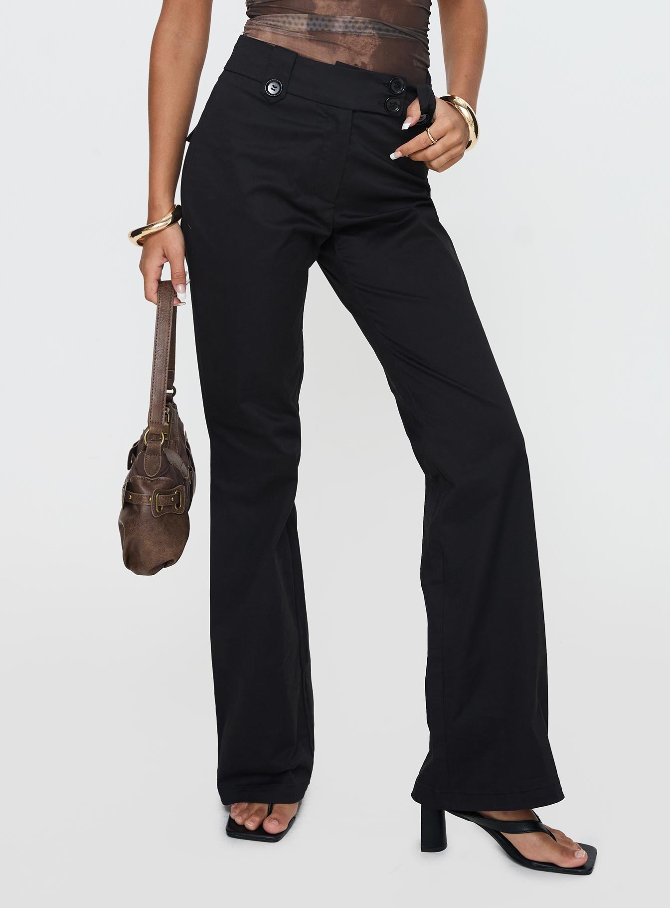 back view of model wearing Princess Polly Aislyn Flare Pant Black High Waisted Pants 