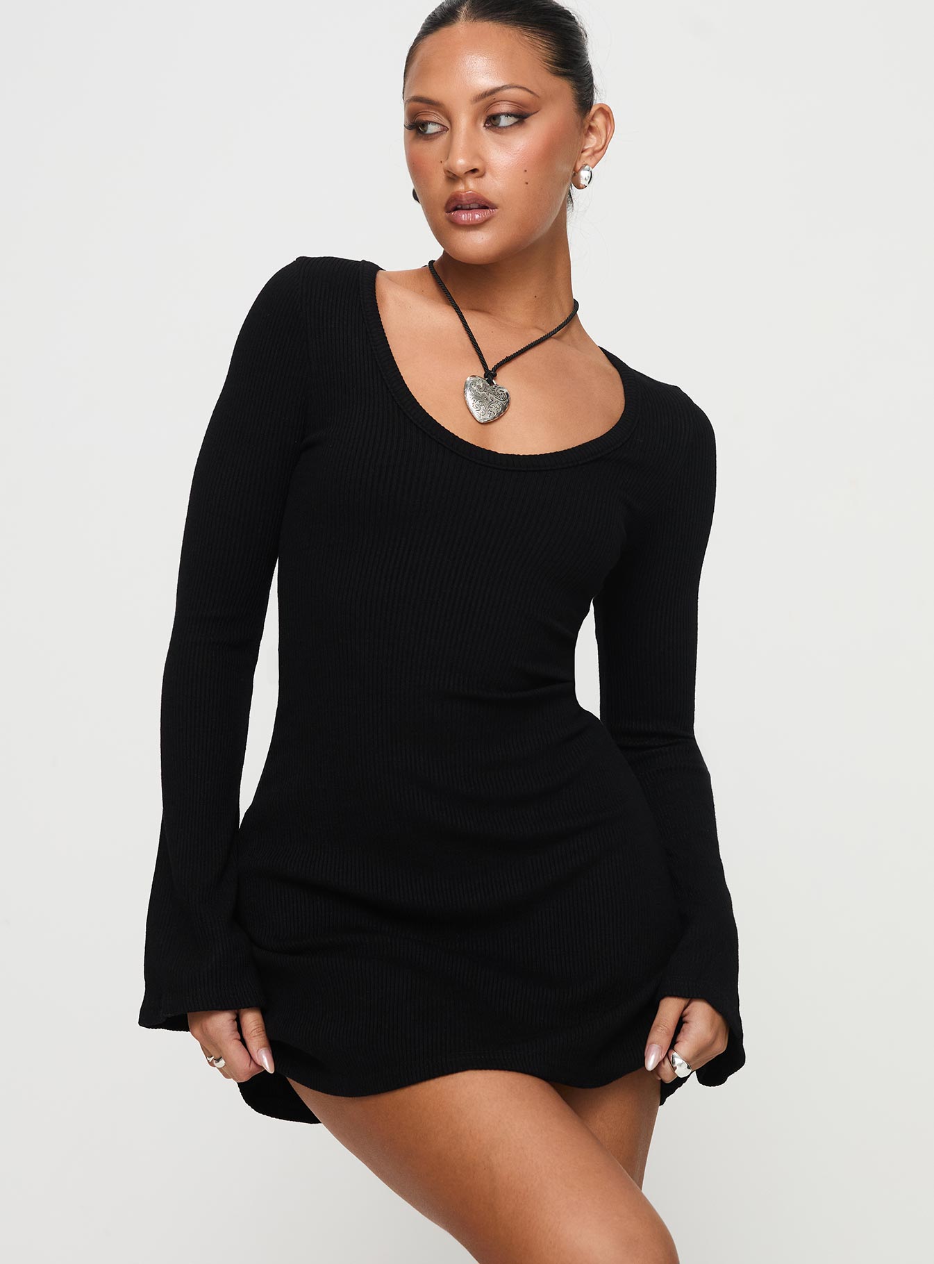 front view of model wearing Princess Polly Best Interest Long Sleeve Mini Dress Black Scoop Neck