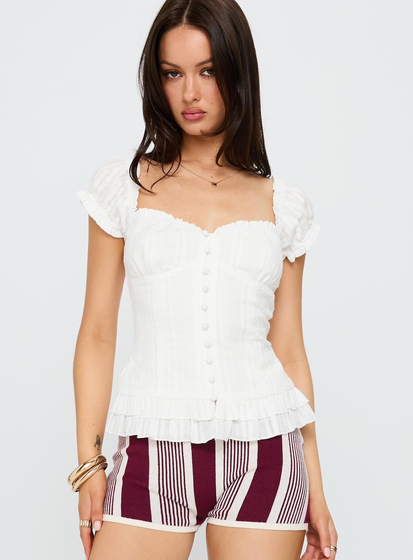 front view of model wearing Princess Polly Suiter Frill Detail Top White Short Sleeves Sweetheart