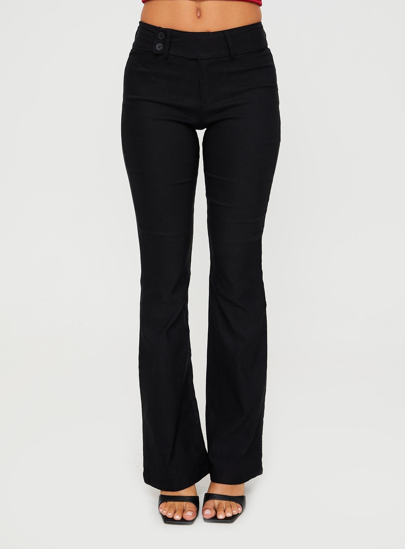 Front view of model wearing  front Princess Polly High Waisted Pants High Waisted Pants  Kinkirk Flared Pants Black