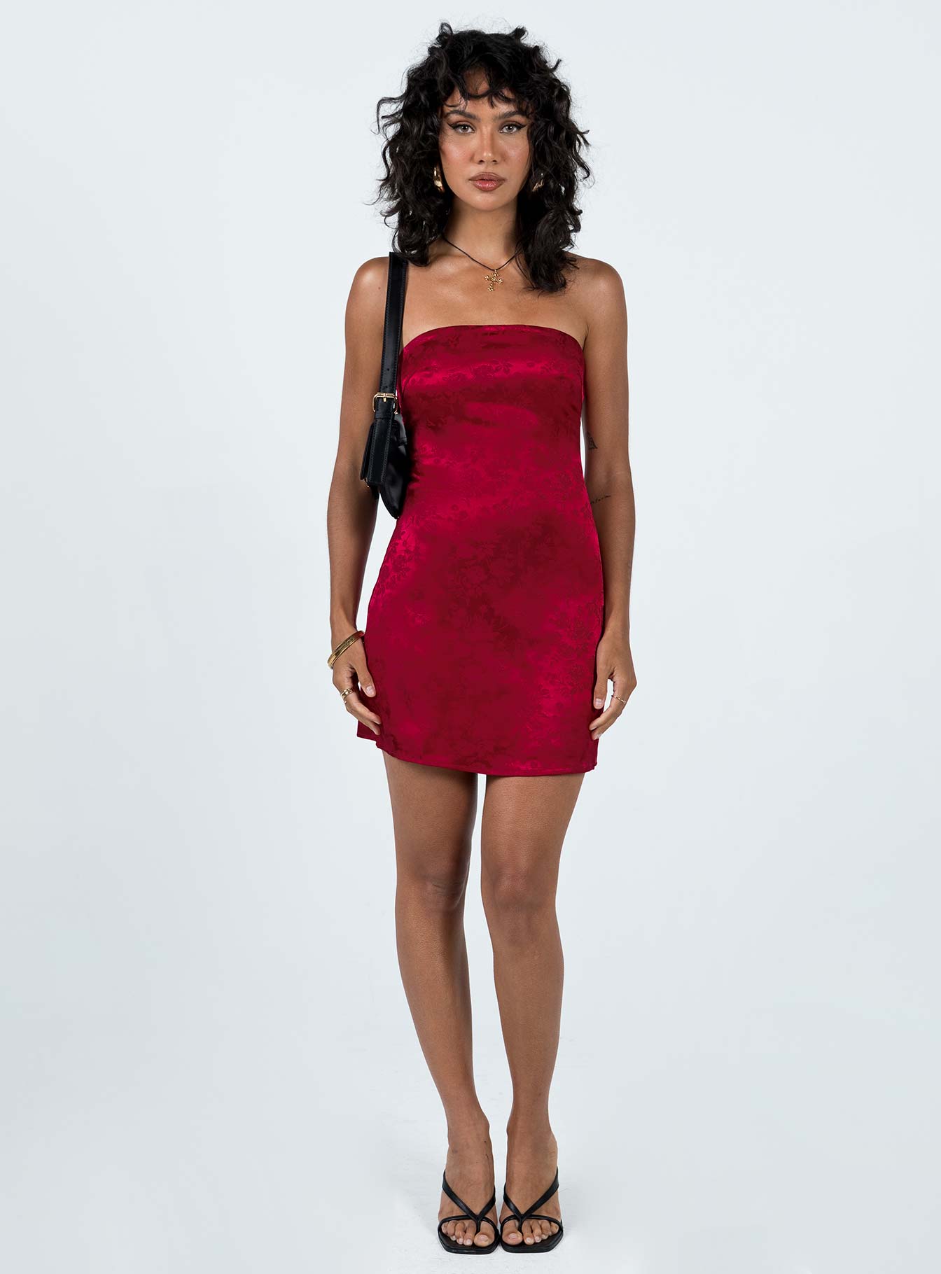 product Princess Polly Asymmetric Neckline  Ramie Strapless Mini Dress Burgundy Low Impact