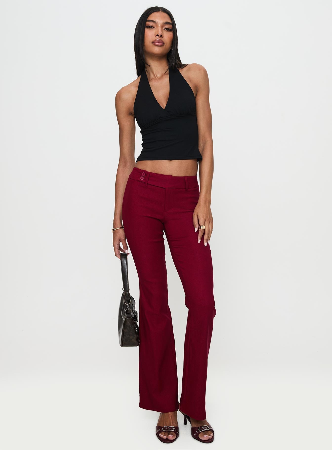 front view of model wearing Princess Polly Kinkirk Flared Pants Burgundy Low Rise Pants 