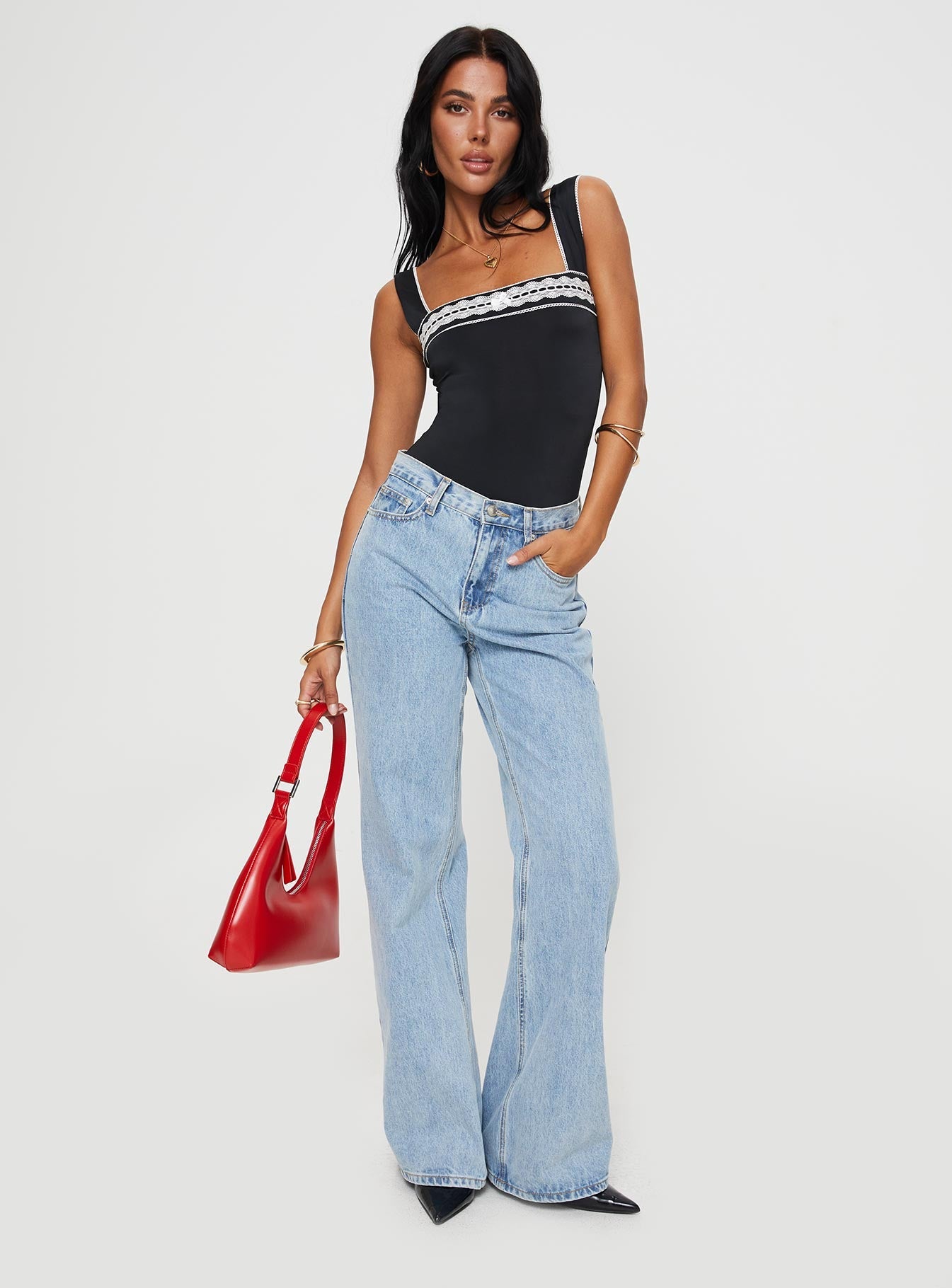 front view of model wearing Princess Polly Keating Bodysuit Black Sleeveless