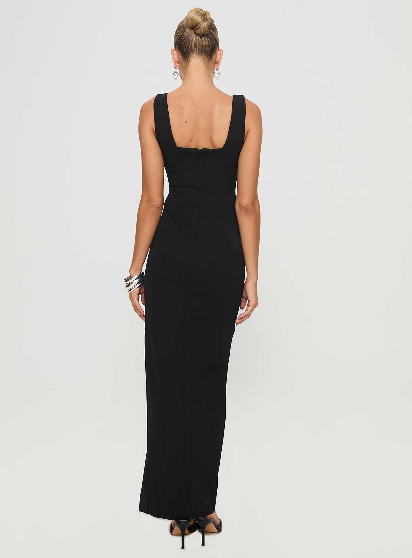back view of model wearing Princess Polly Bombshell Maxi Dress Black Square Neck 