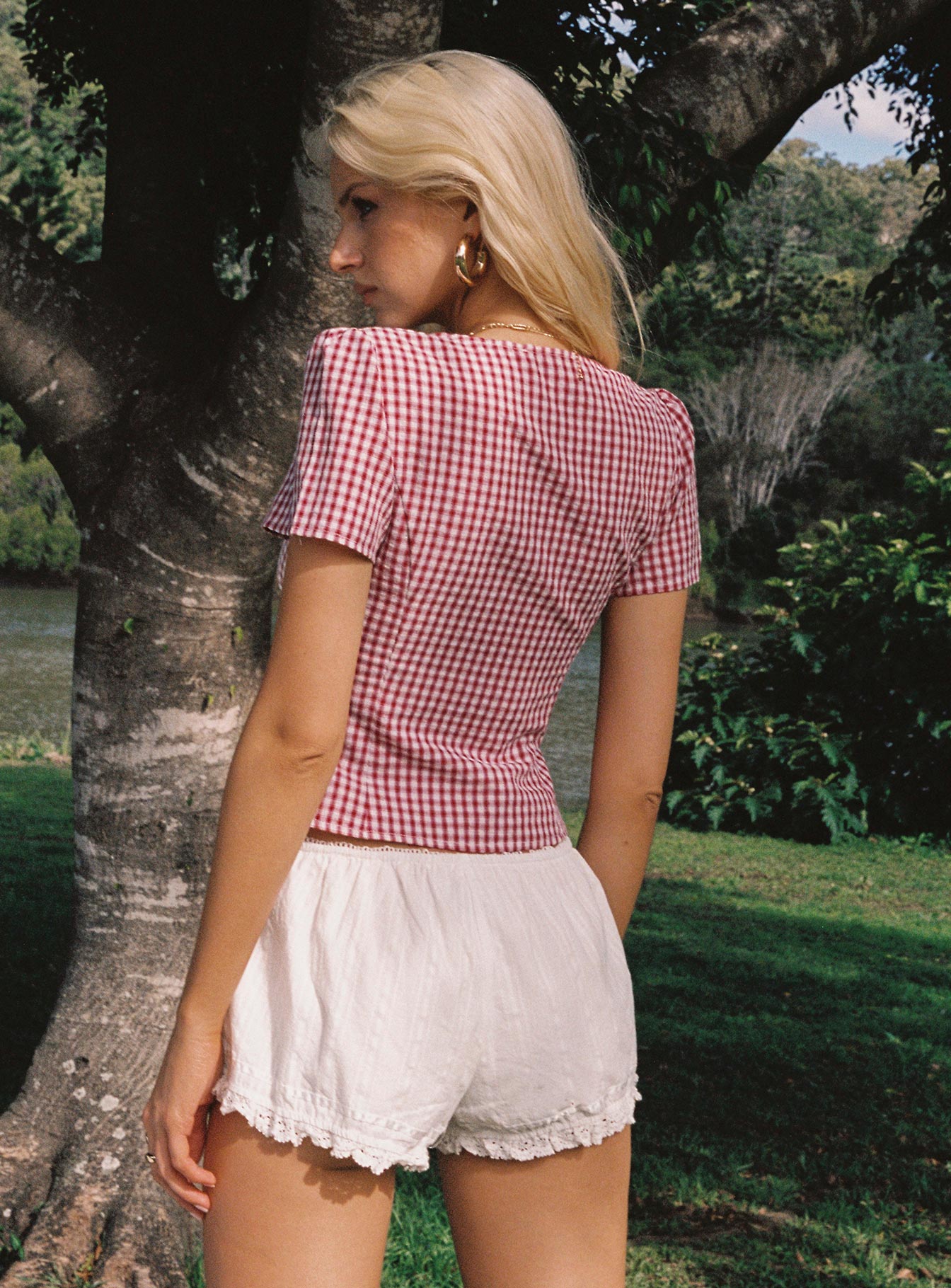 back view of model wearing Princess Polly Isolda Top Red Gingham Short Sleeves Plunger