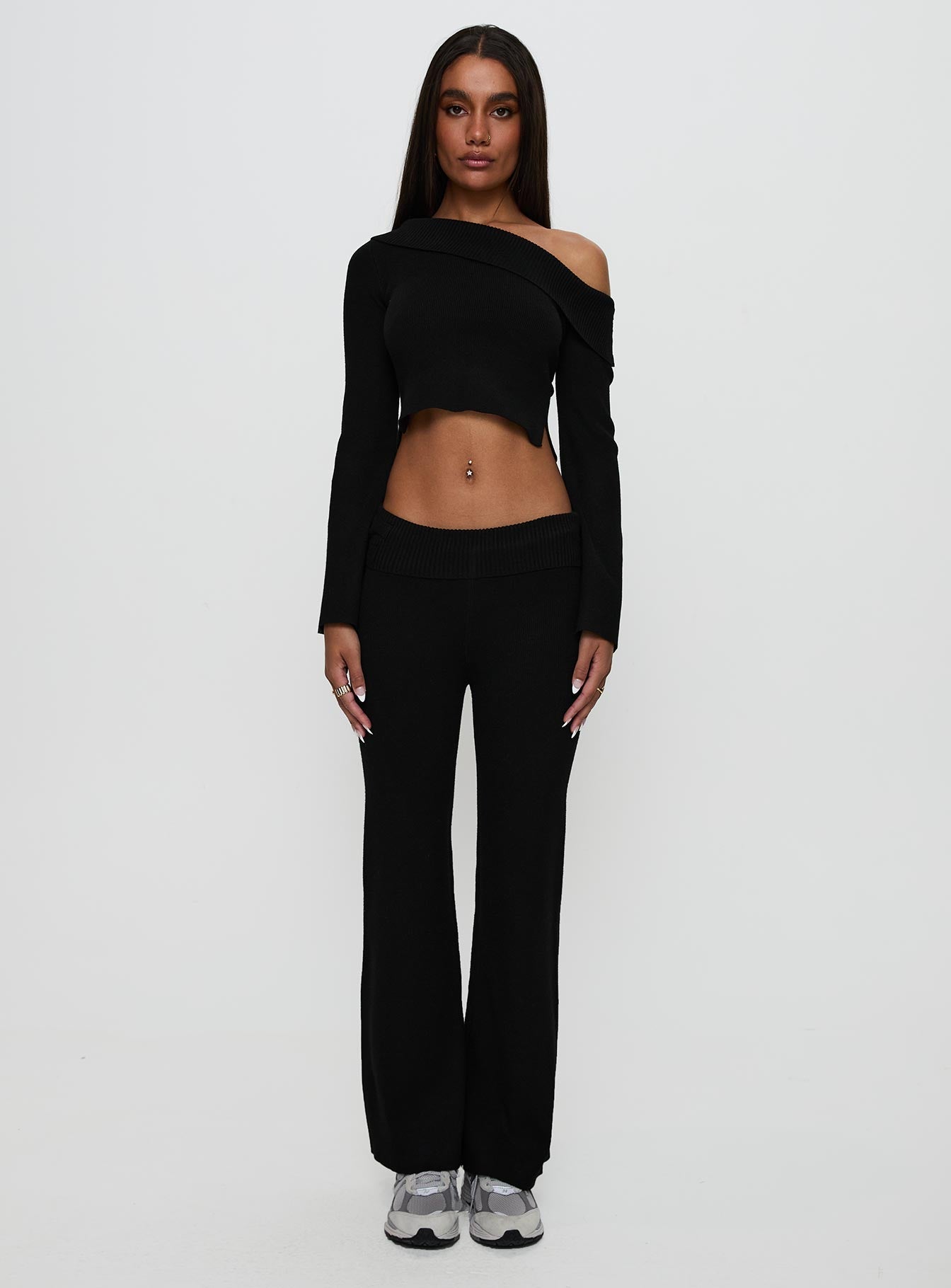 side view of model wearing Princess Polly Try Me Knit Pants Black Low Rise Pants 