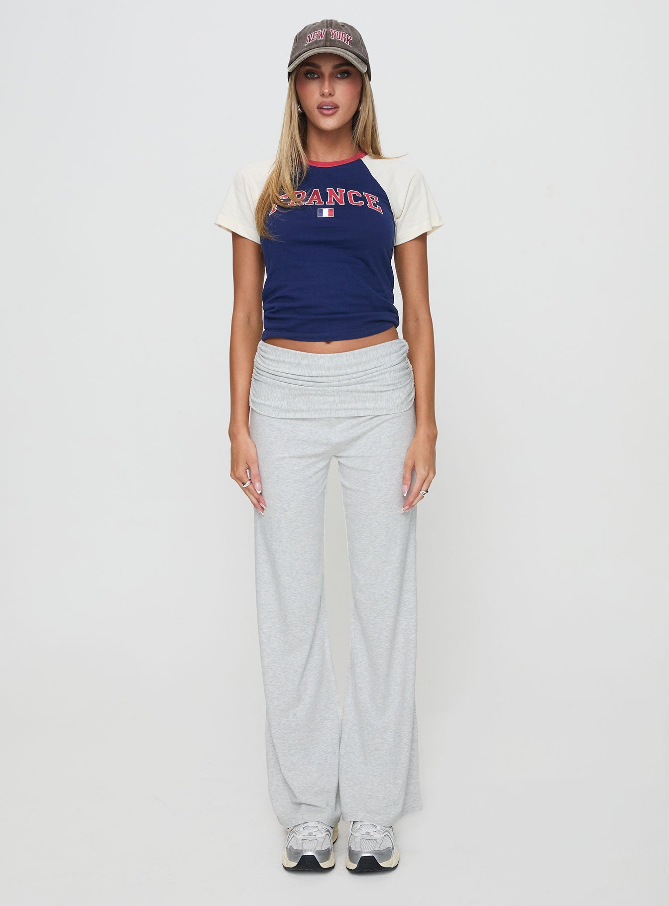 front view of model wearing Princess Polly Aire Ruched Pants Grey High Waisted Pants 