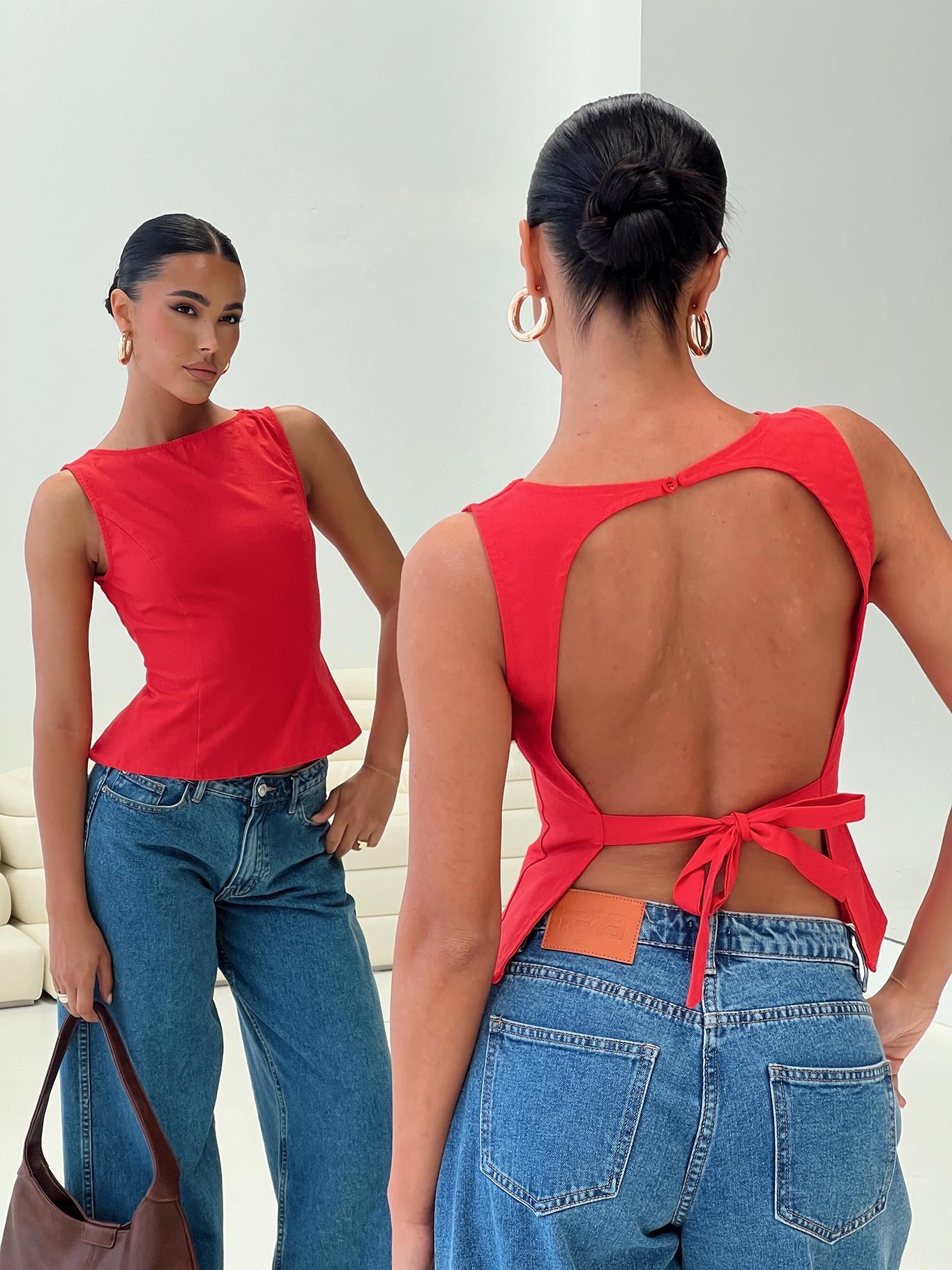 side view of model wearing Princess Polly Lilitina Top Red Sleeveless High Neck