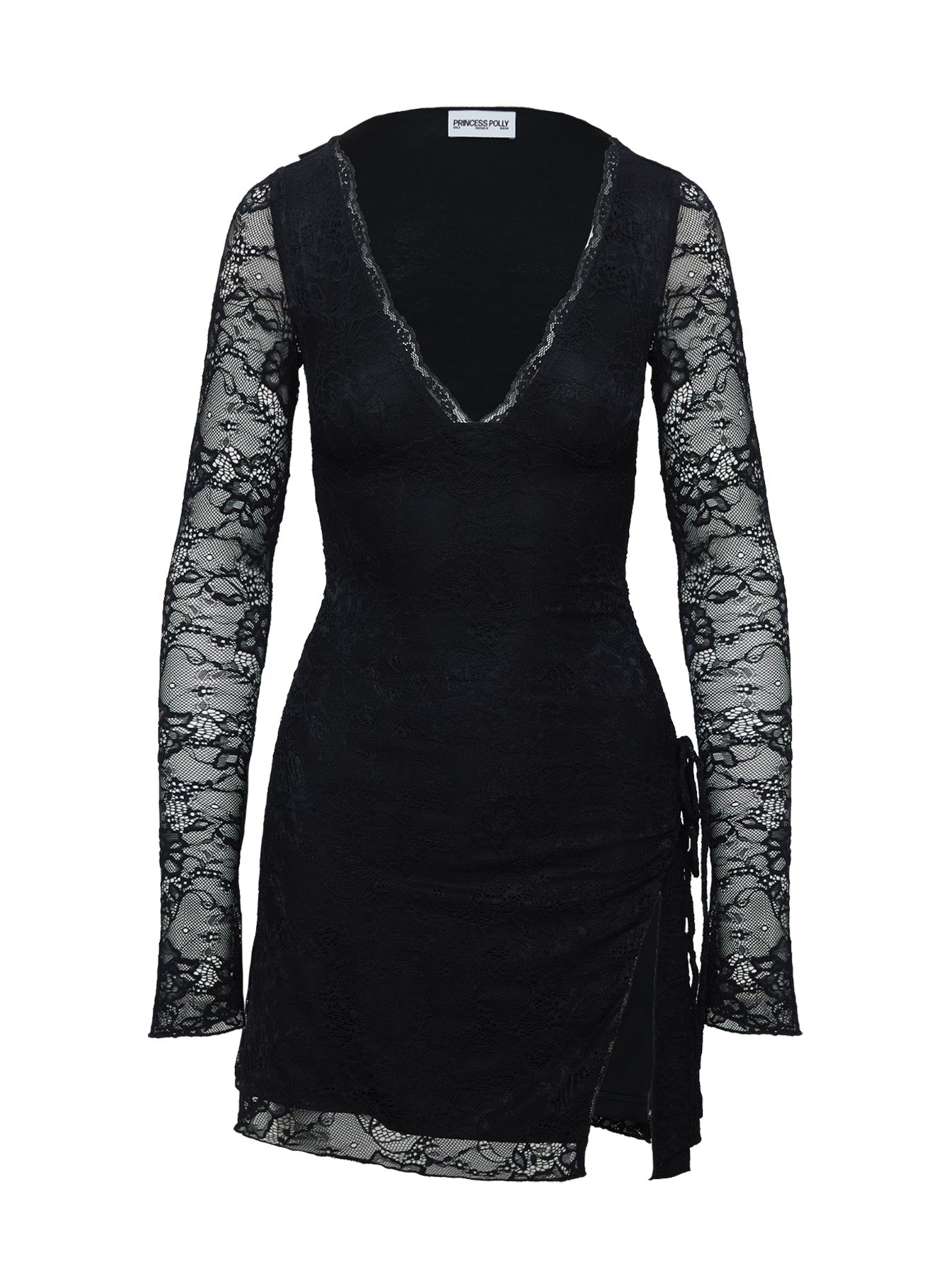 back view of model wearing Princess Polly Airabella Lace Mini Dress Black Plunger
