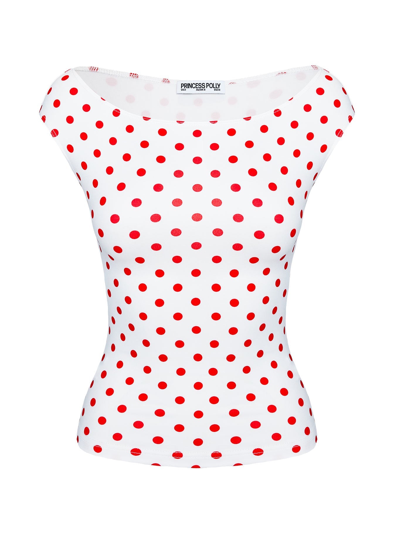 side view of model wearing Princess Polly Cheirosa Off Shoulder Top White / Red Short Sleeves straight