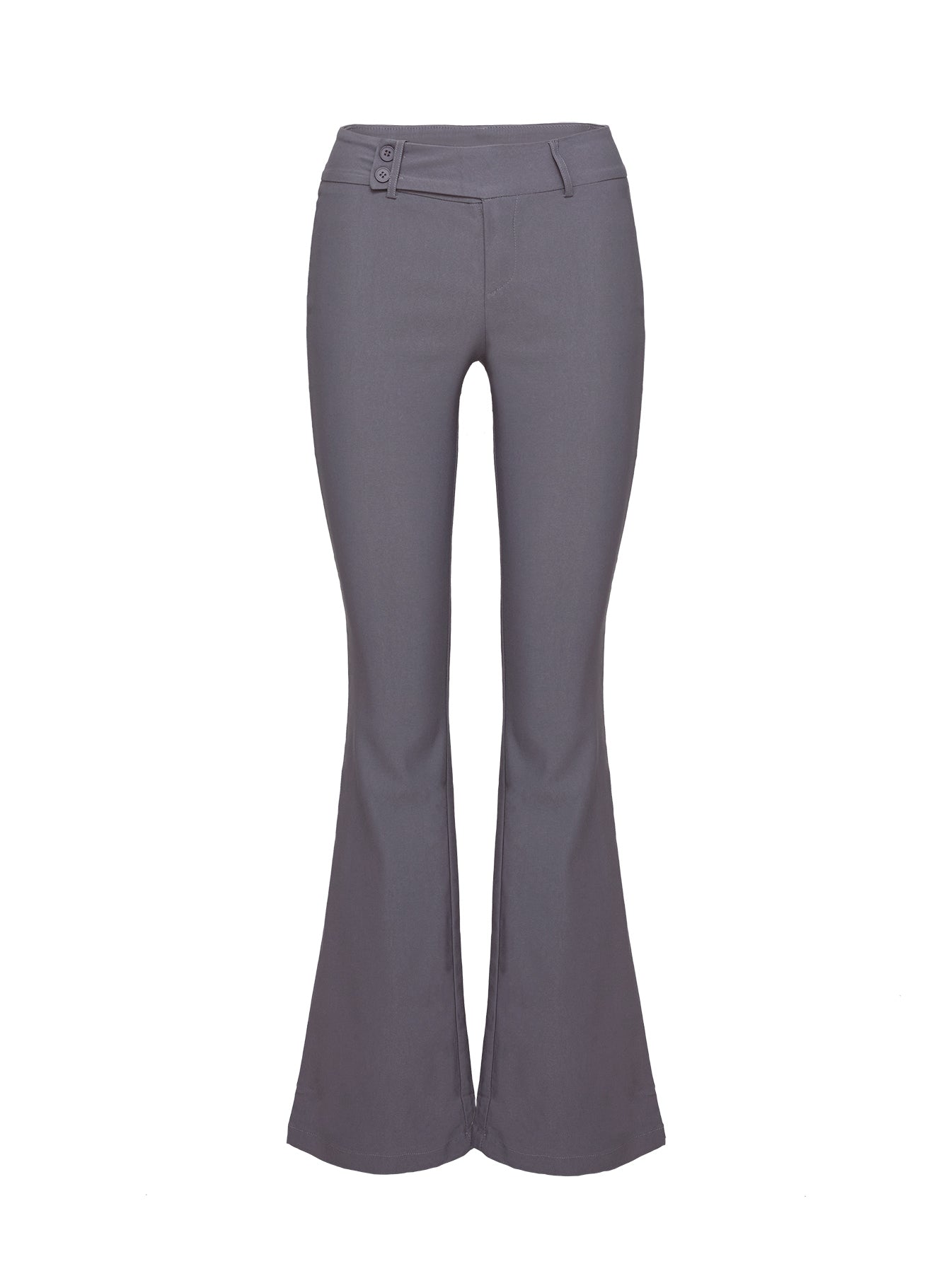back view of model wearing Princess Polly Kinkirk Flared Pants Grey Mid Rise 