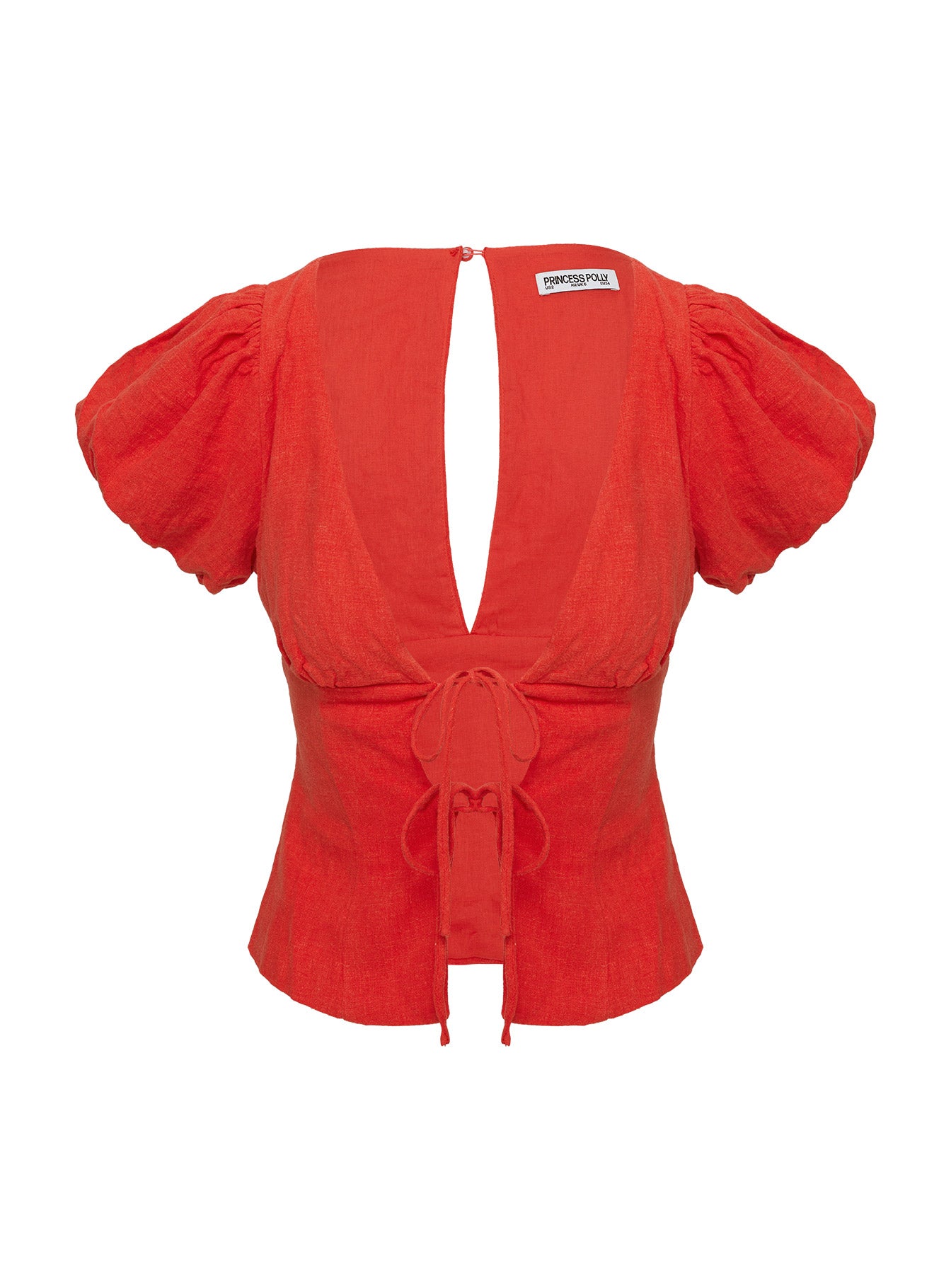 back view of model wearing Princess Polly Wilhelmina Blouse Top Red Short Sleeves Plunger